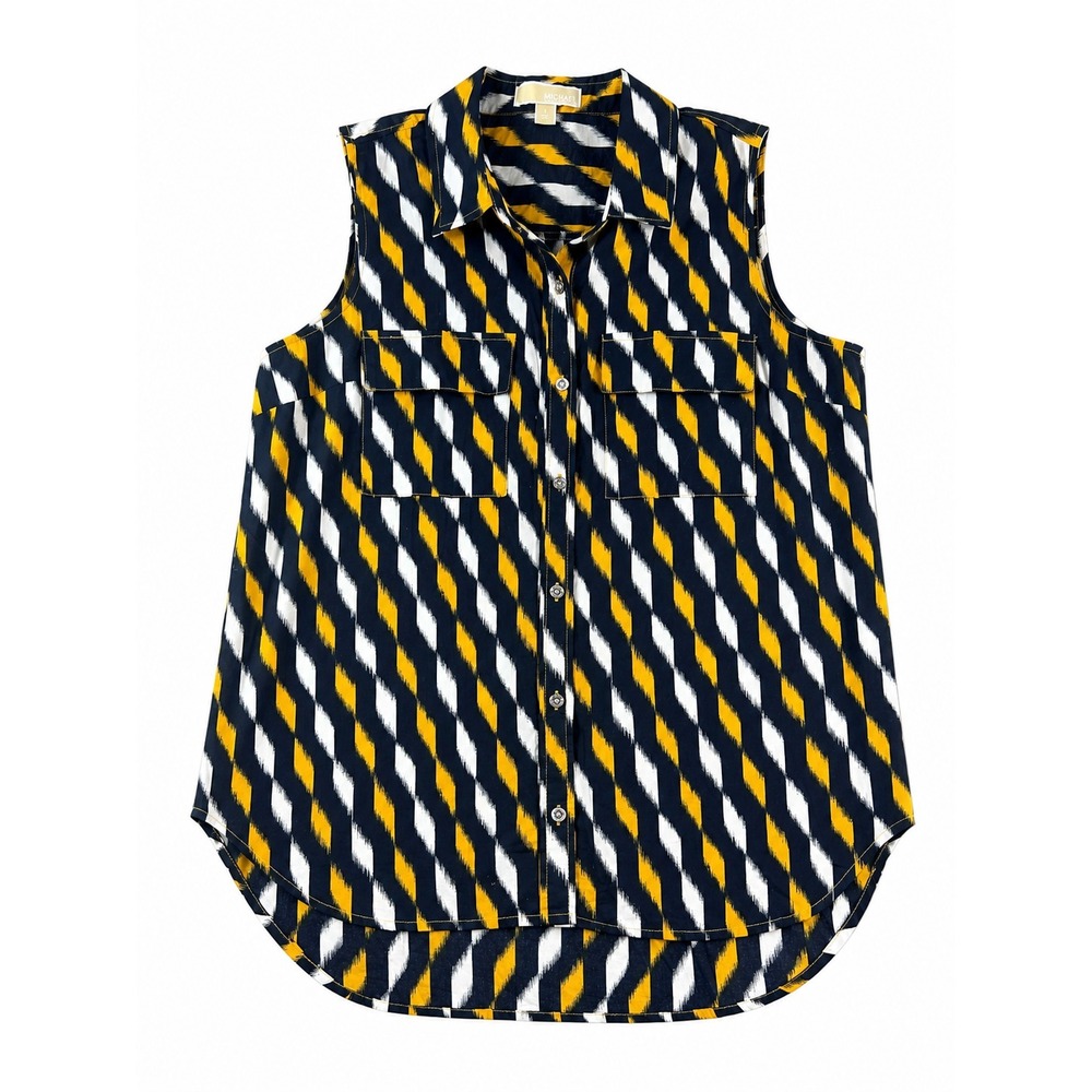 Michael Kors Women Sleeveless Button Shirt XL Navy Yellow Ikat Boho Chic Top